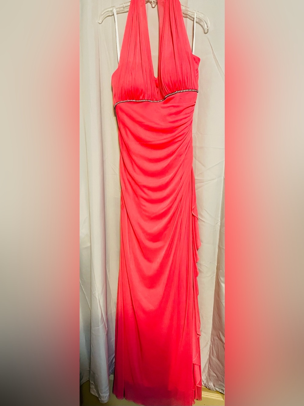 Strapless Coral Pink Ruched Evening Gown with Beaded Trim